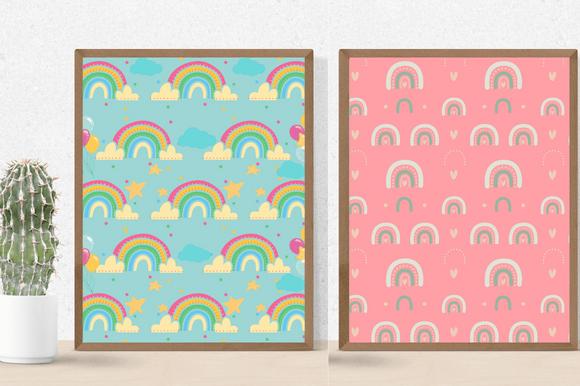 Two posters in a turquoise and pink colors.