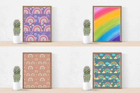 Four posters with the colorful illustrations.