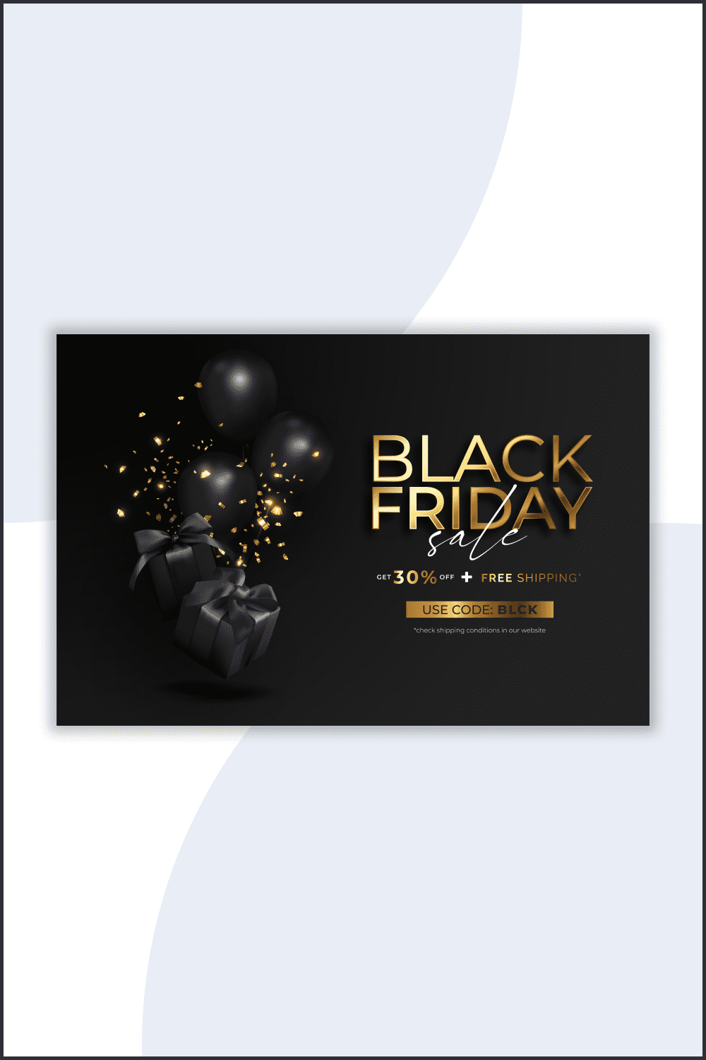 Black gifts with golden glitters and golden text Black Friday on black background.