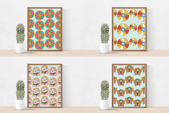 Four retro posters with the vintage flowers illustrations.