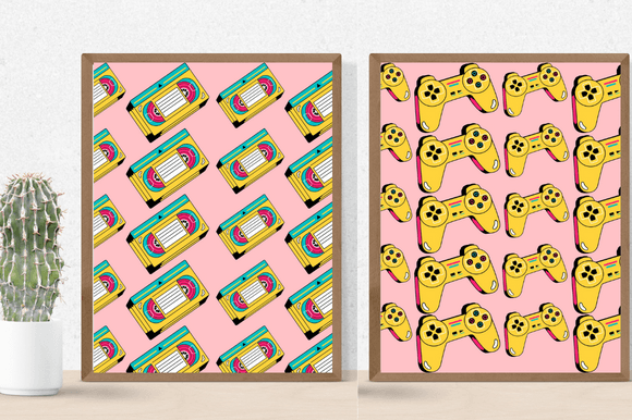 Two pastel posters with the retro graphics.