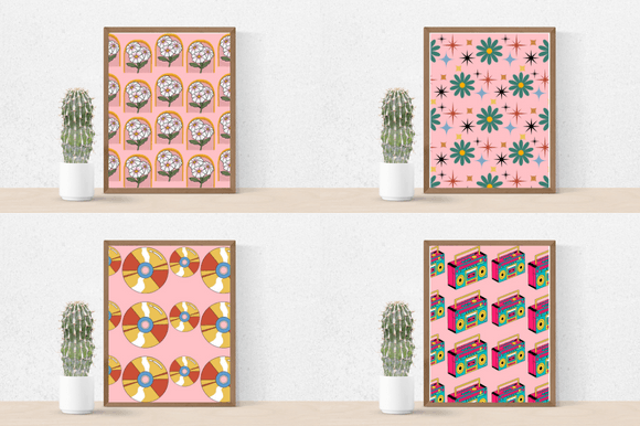 Four pink posters with the green and red vintage illustrations.