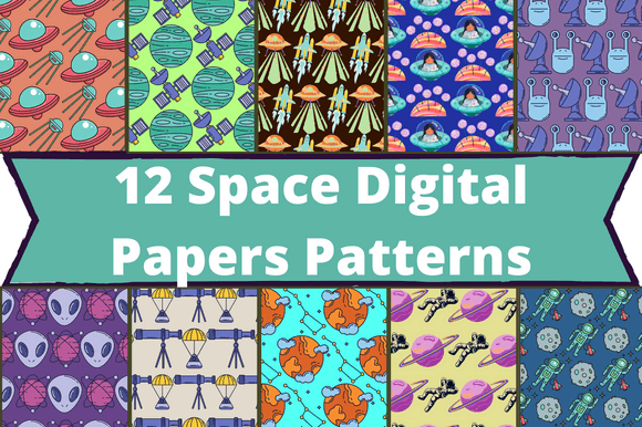 Pack of unique paper patterns on the theme of space.
