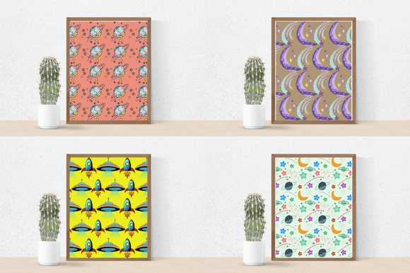 Four pastel posters with the space elements and stars.