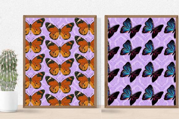 Lilac background posters with the vintage butterflies.
