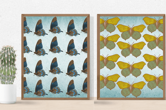 Turquoise posters with the yellow and dark blue butterflies.