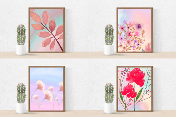 Four charming watercolor images of flowers in pastel colors.