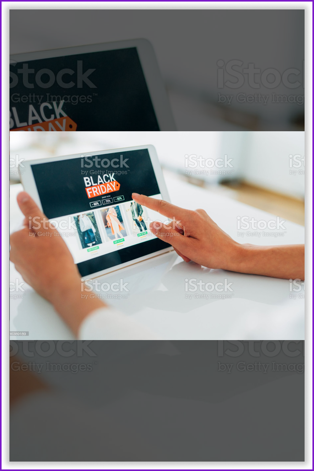 White tablet in hands, on the screen of which a website with a banner Black Friday.