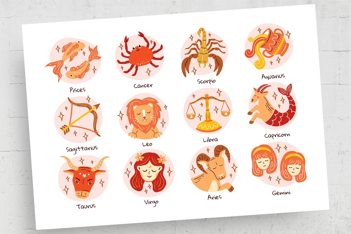 A set of 12 different orange and yellow zodiac signs illustration on a white background.