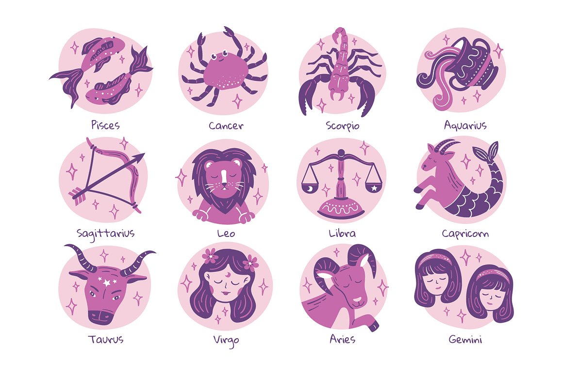 A set of 12 different purple zodiac signs illustration on a white background.