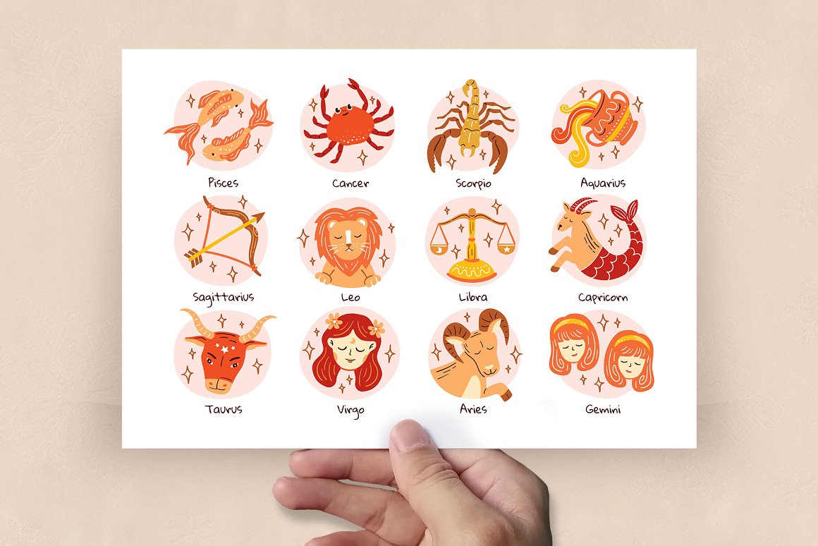 A set of 12 different purple zodiac signs on a white card held by a hand.