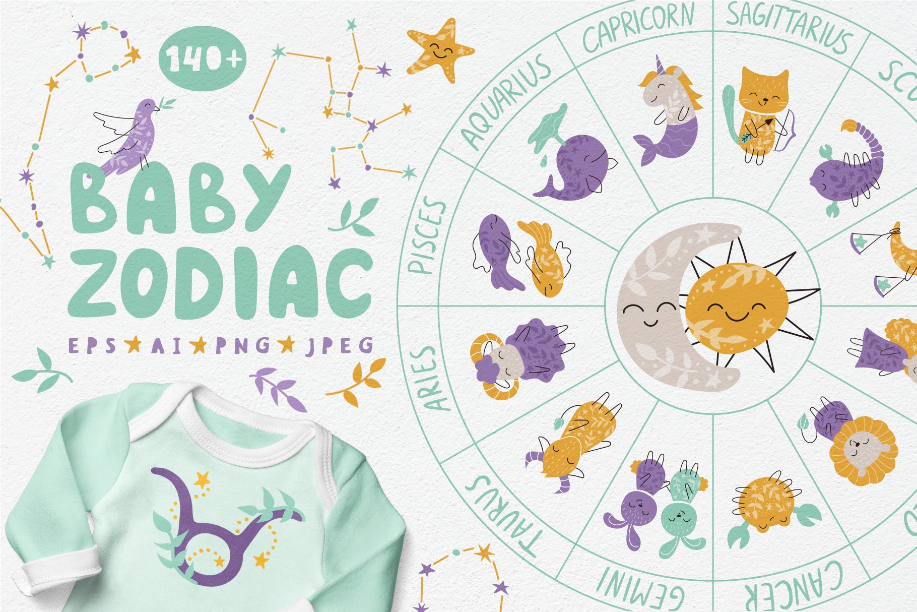 Colorful baby zodiac elements.