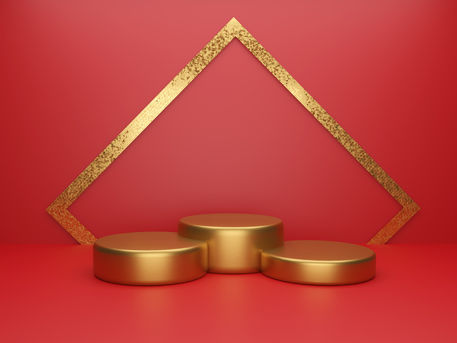 14 Product Display Podium Backgrounds, three podiums on triangle golden backgrounds.