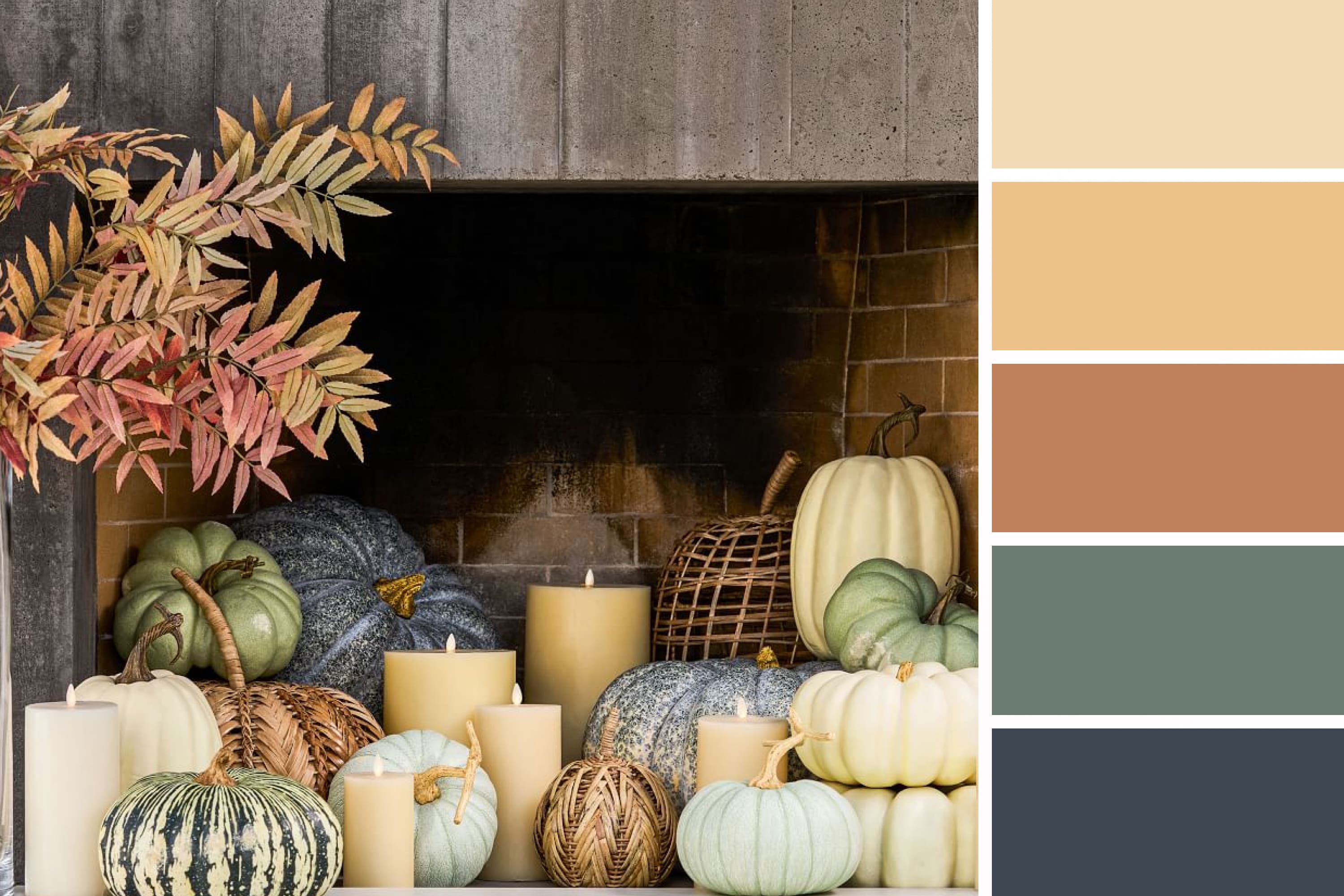 Photo of a fireplace in which there are different colors and size of pumpkin, candles, wicker baskets.
