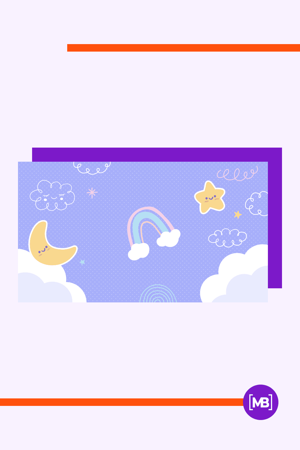Cute image with drawn moon, star, rainbow, cloud on purple background.