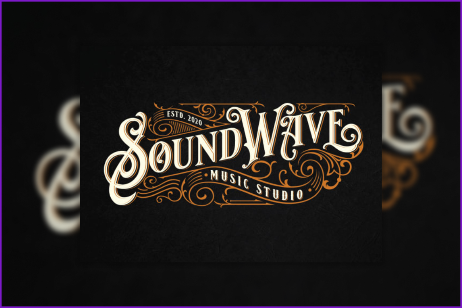 Vintage logo with white text, orange swirls on a black background.