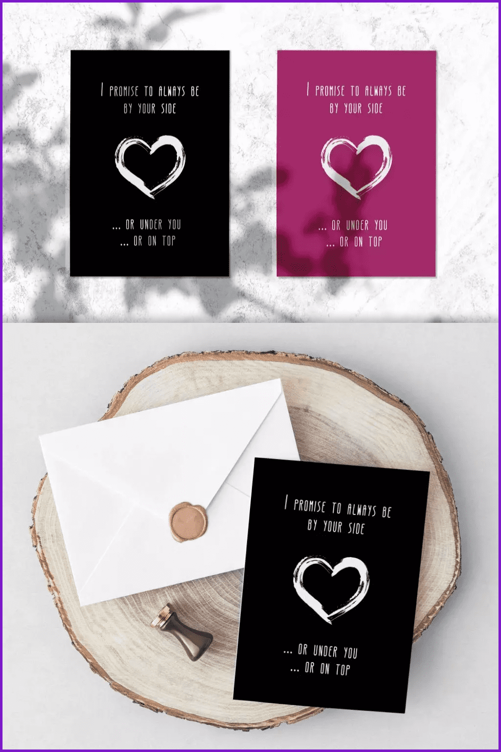 A collage of a pink and black card with a white heart in the middle and thin text.