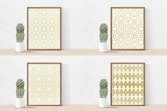 Four posters in an ivory with an abstract print.