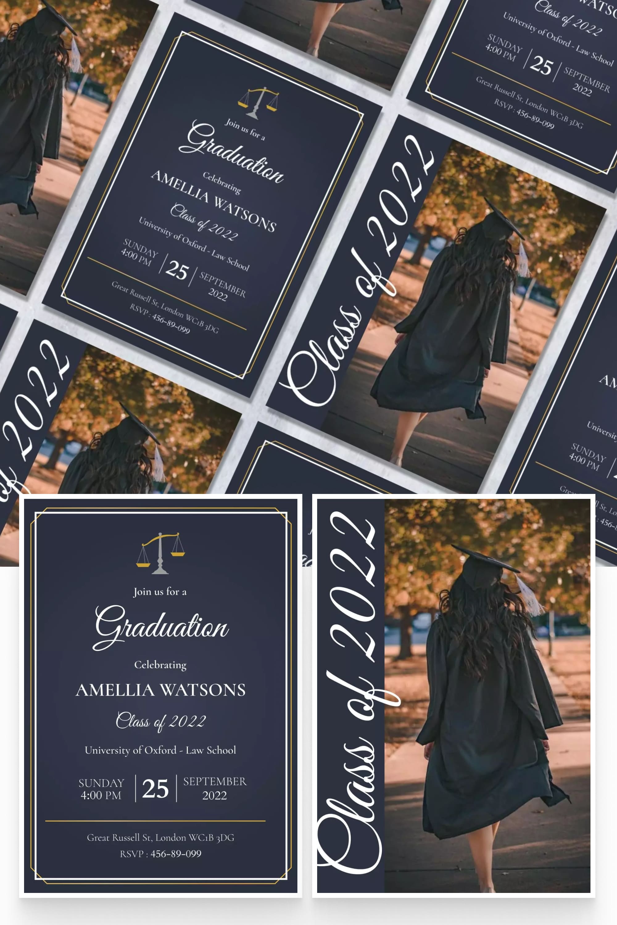 A collage of graduation invitation images with a photo of a student and text on a blue background.