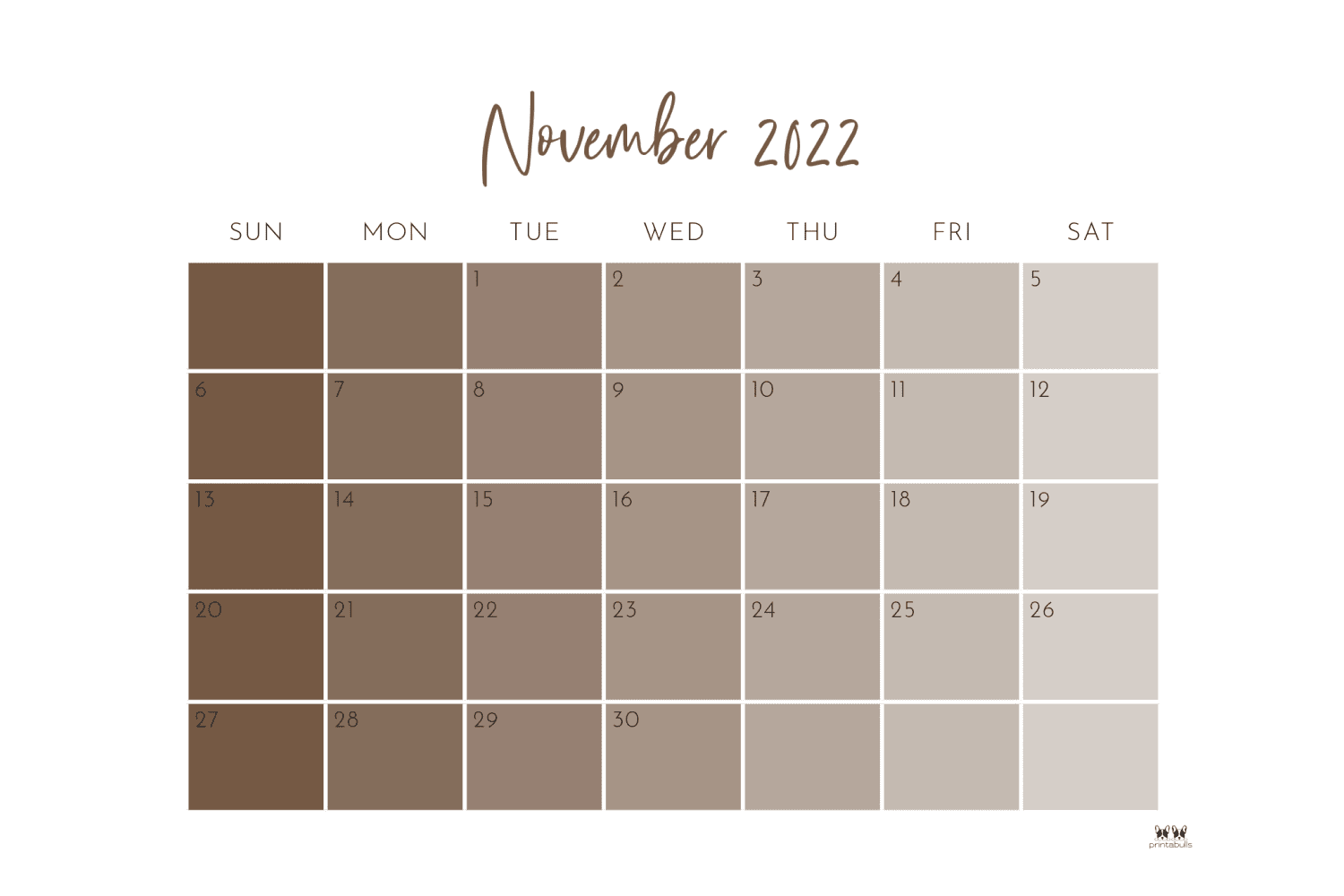 Calendar for November with multicolored backgrounds on bars.