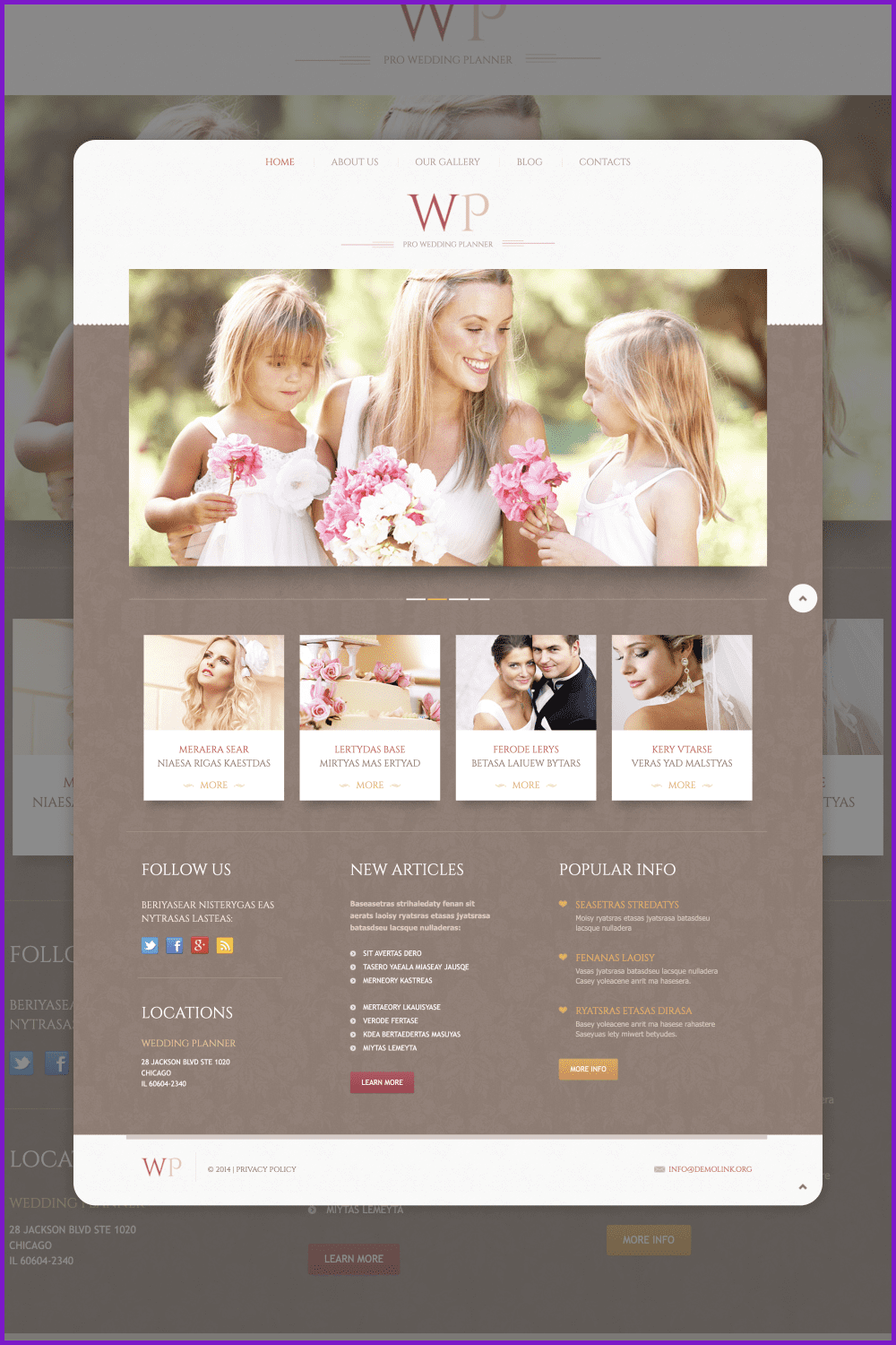 Screenshot of a website page for a wedding with photos of the bride, children, flowers and a brown background.