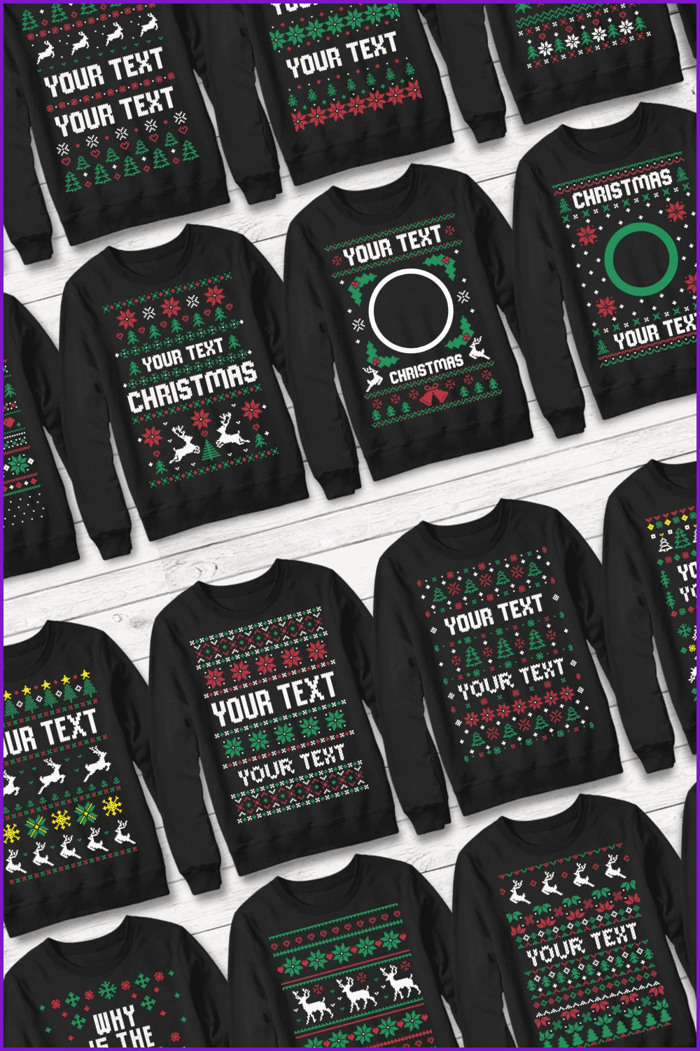 Collage of black long sleeves with Christmas prints.