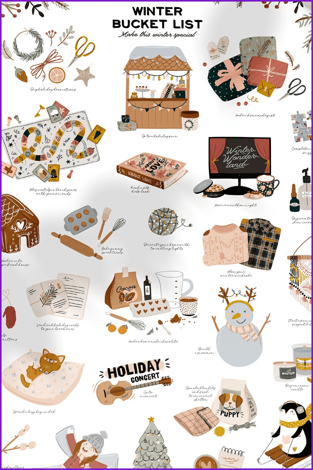 Collage with kitchen stuff, cakes, sweaters, gloves, candles, cookie houses.