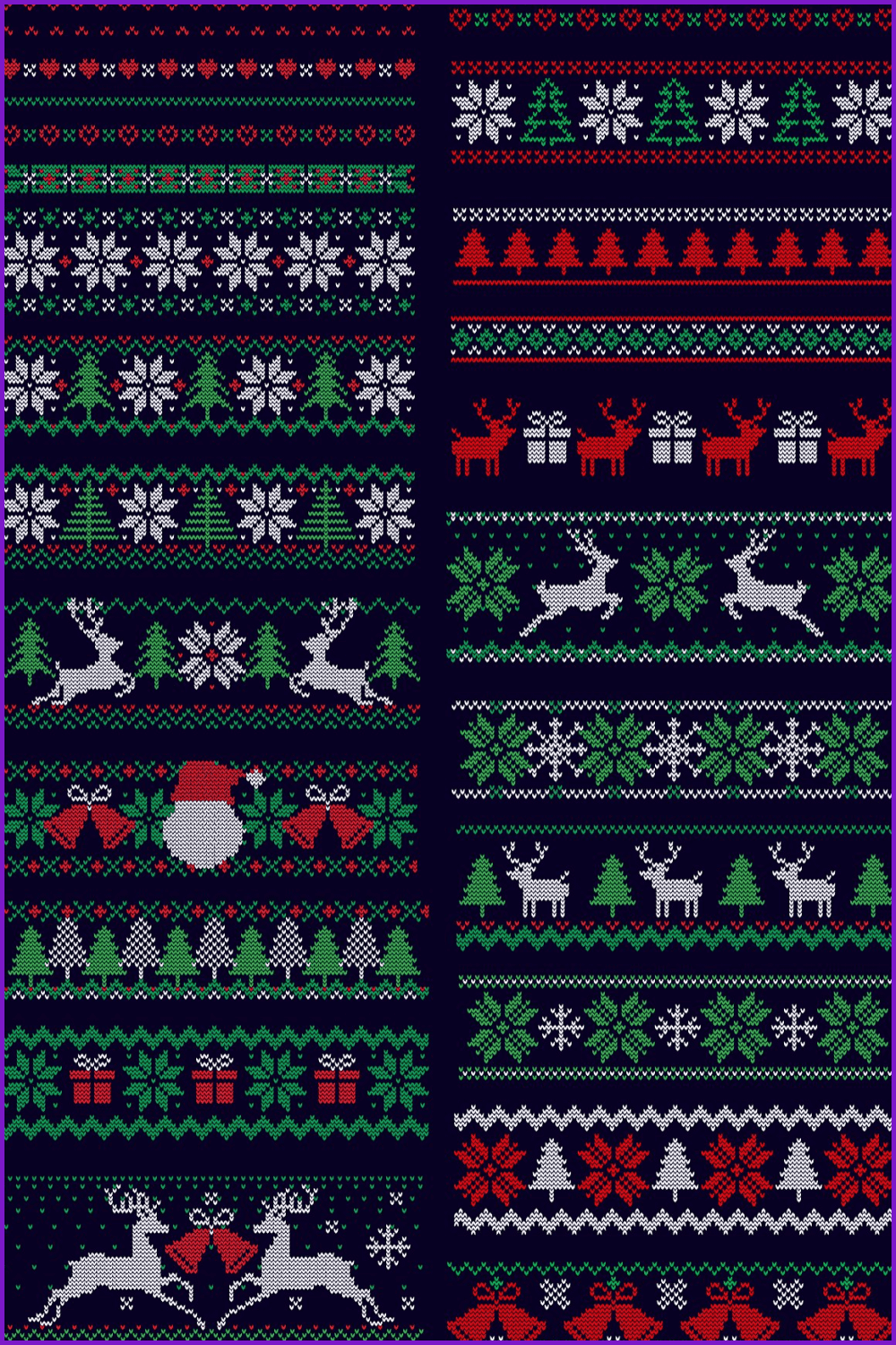 Collage of pixel deer, Christmas trees, gifts and snowflakes.