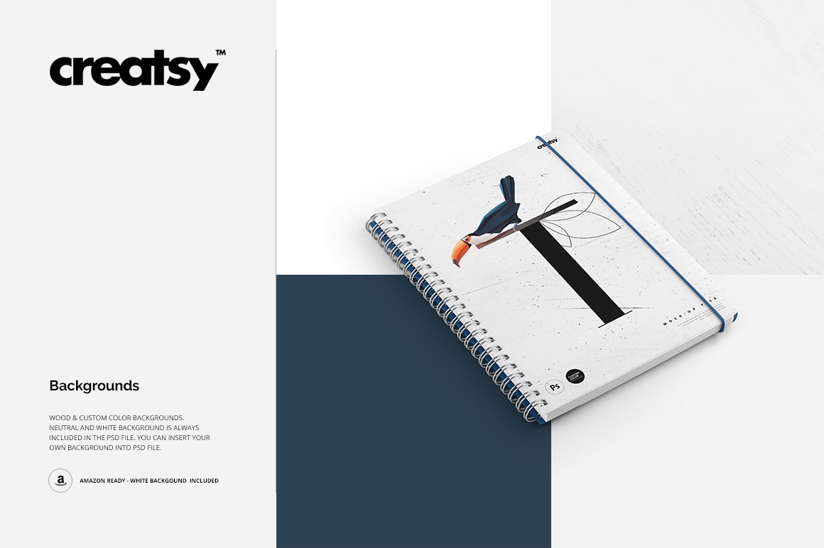White mockup notebook with toucan on a white, blue and gray background.