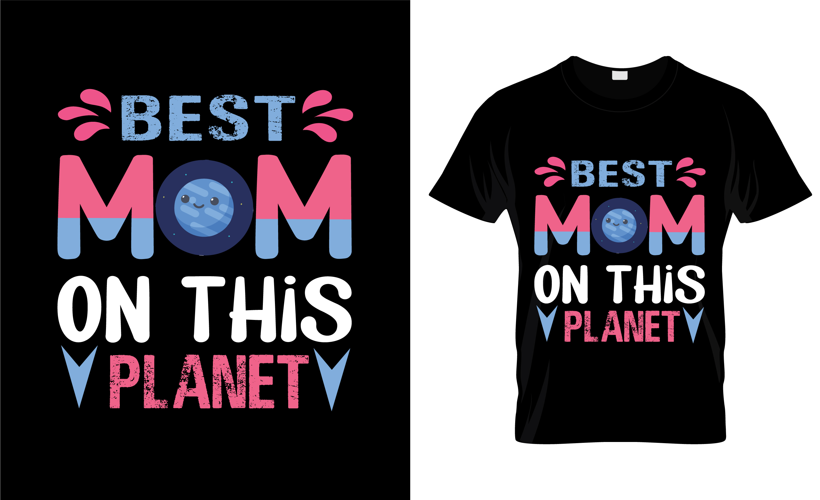 Image of black t-shirt with enchanting print in pink and white and blue about mom.