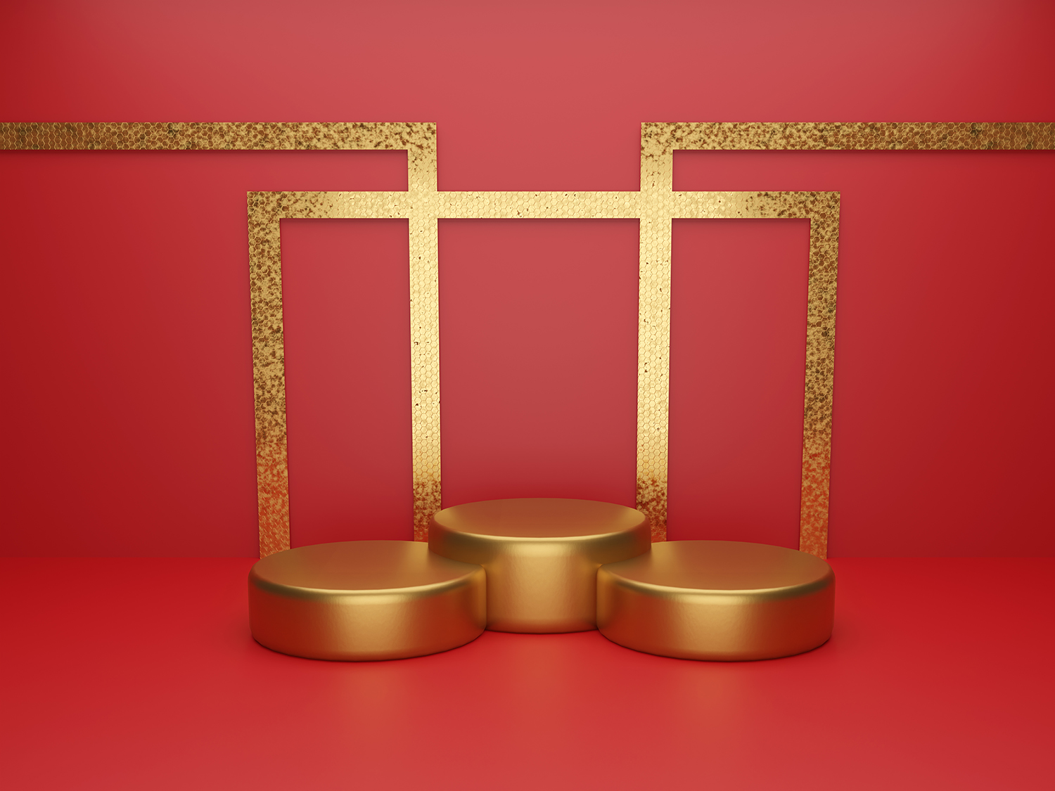 14 Product Display Podium Backgrounds, three podiums on rectangular golden background.