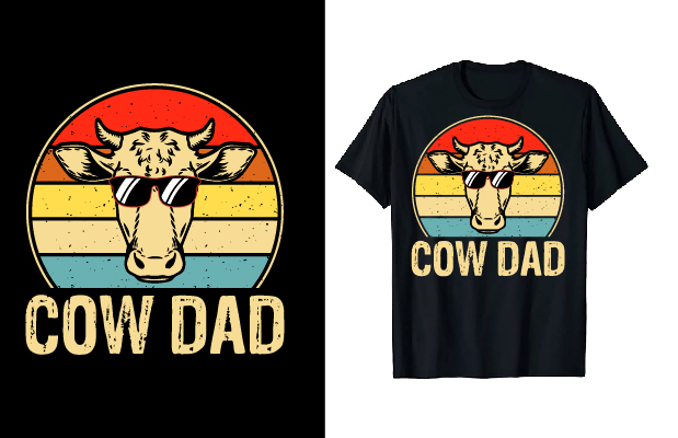 Image of a black t-shirt with a colorful print of a cow with glasses inscription.