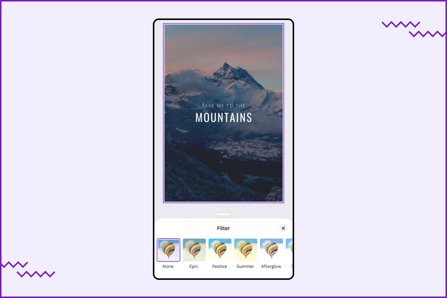 Screenshot with a photo of mountains and a set of filters below it.