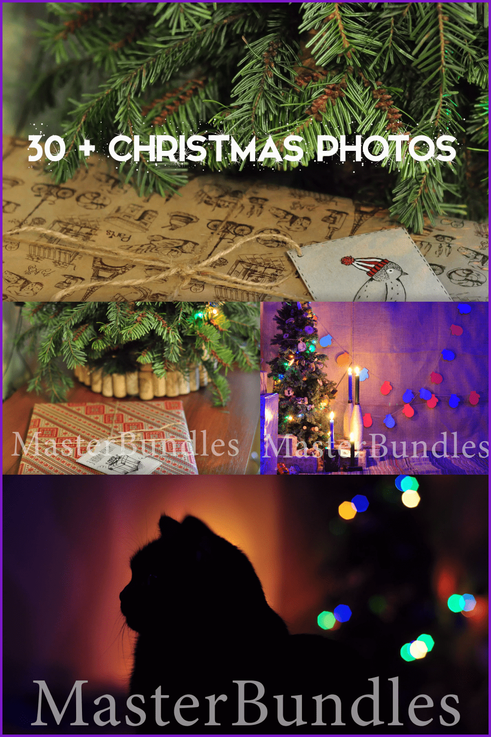 A collage of photos of a Christmas tree, decorations, a cat on the background of garlands.