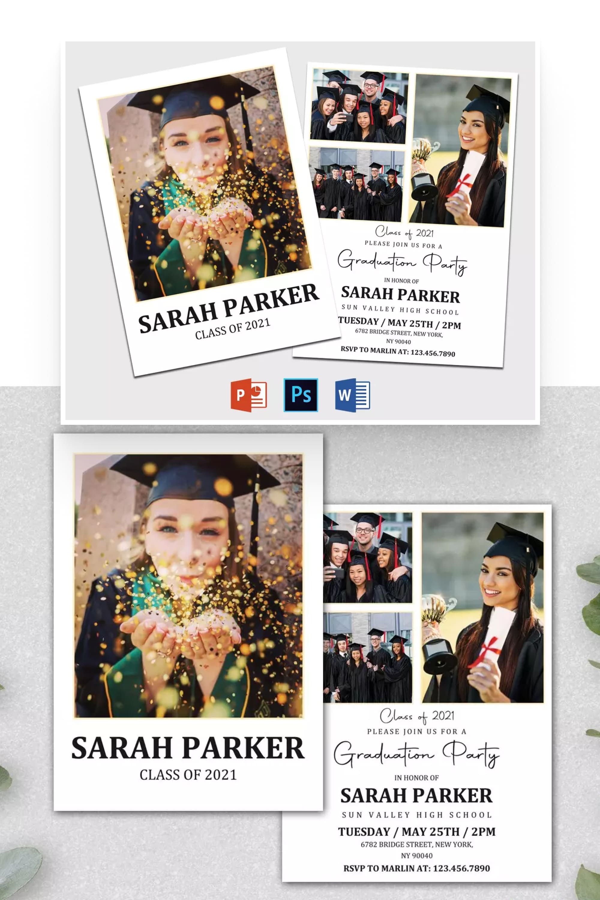 Collage of graduation invitation images with photos of happy female students.