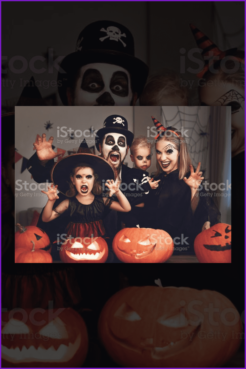 Photo of happy family in halloween costumes.