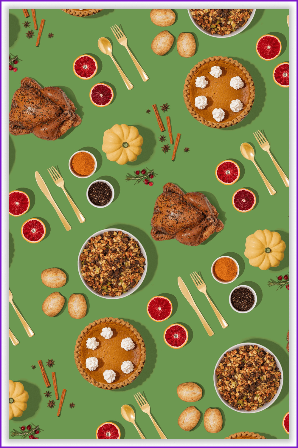 Pumpkin pie, porridge, cakes, cutlery, turkey, cinnamon sticks on a green background.