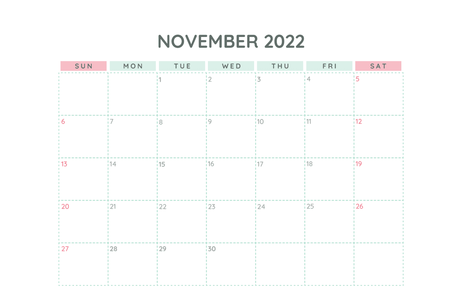 November calendar with white background and green dotted lines.