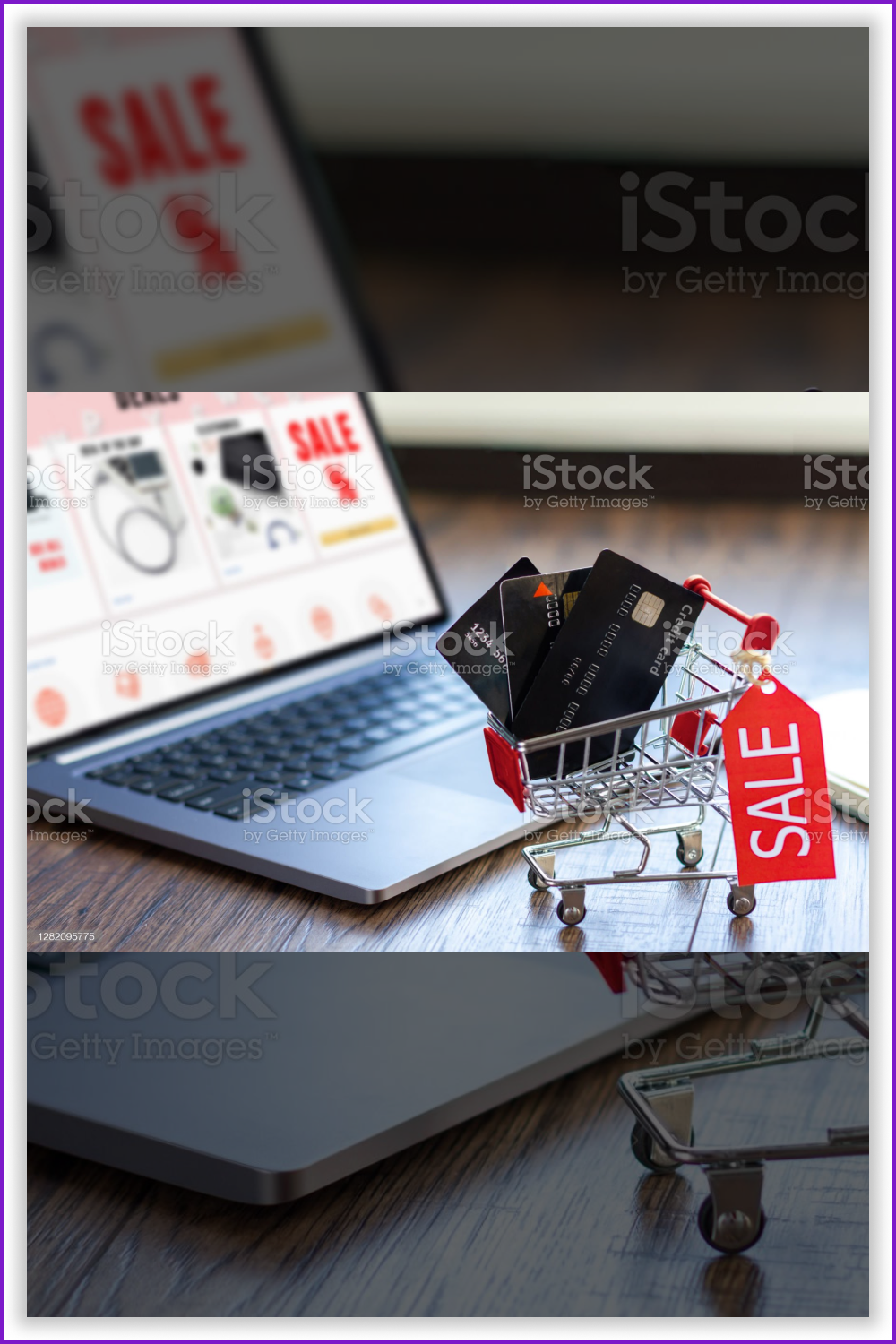 Tiny shopping cart with banking cards and tag “Sale”.