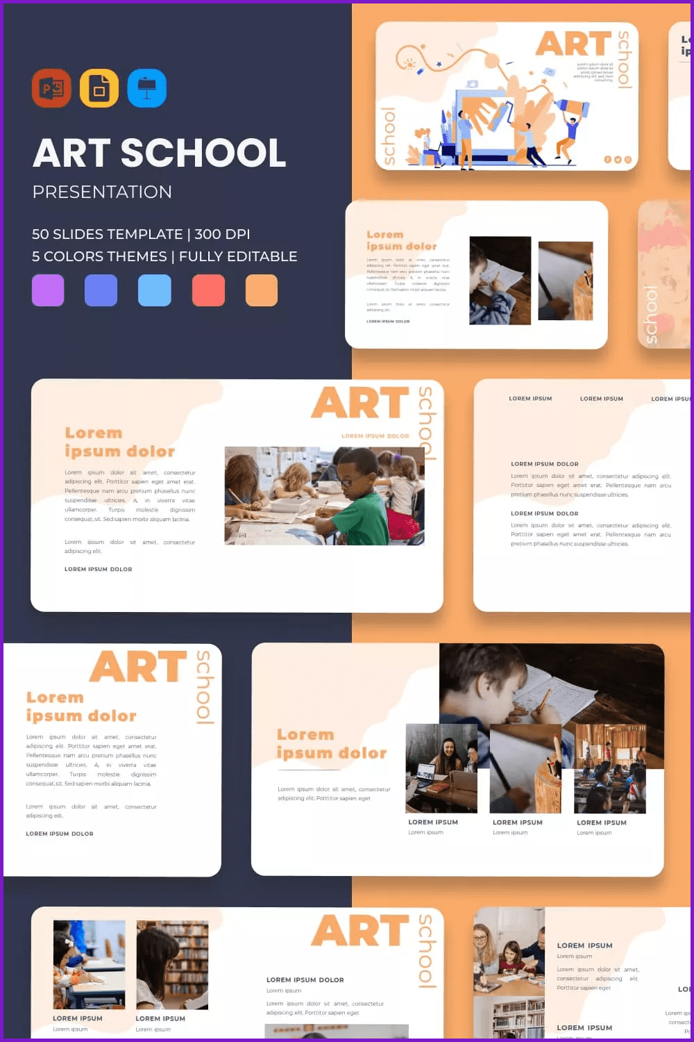 Collage of presentation pages with photos of children drawing.
