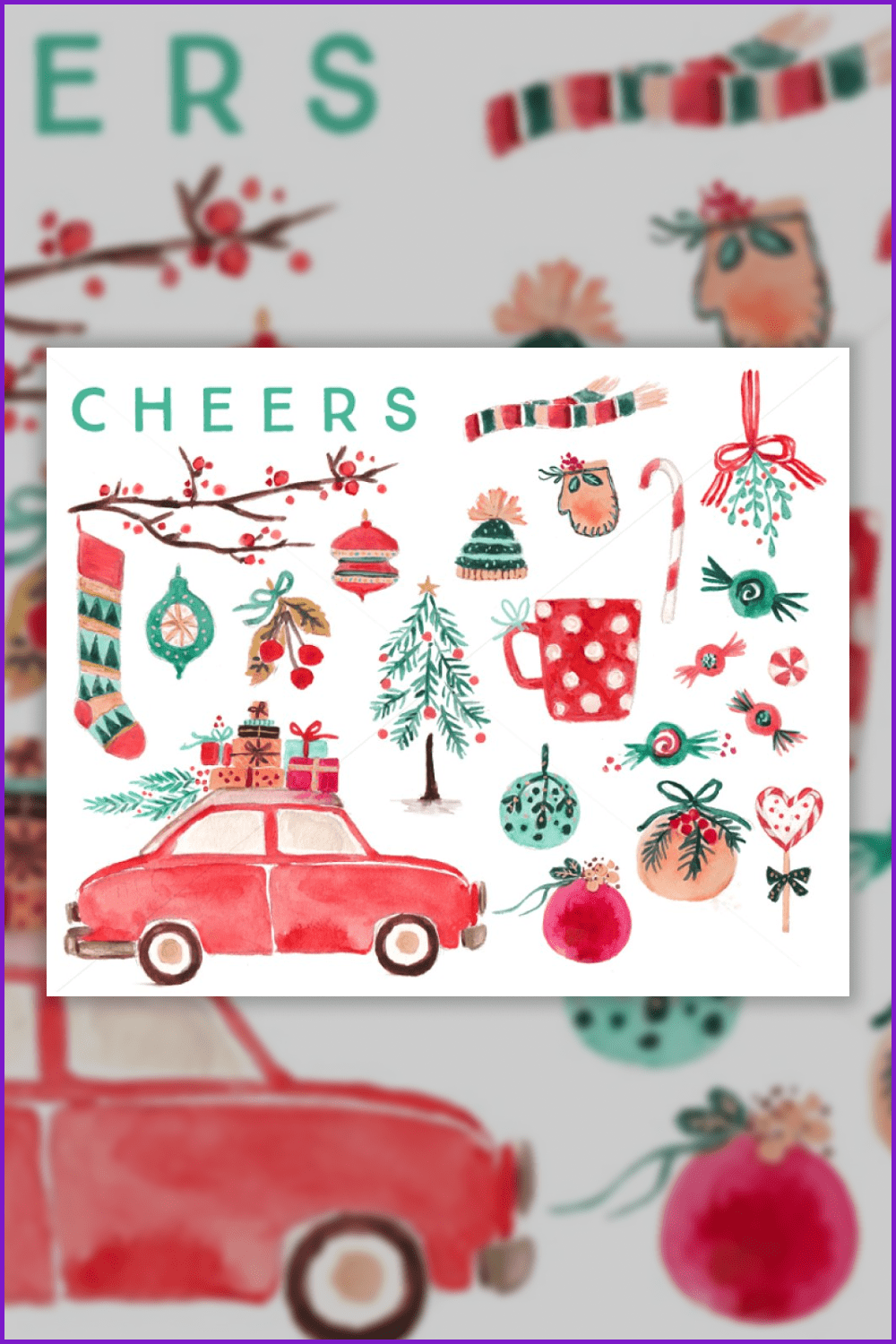Watercolor red car, polka dot cup, Christmas tree, Christmas decorations.