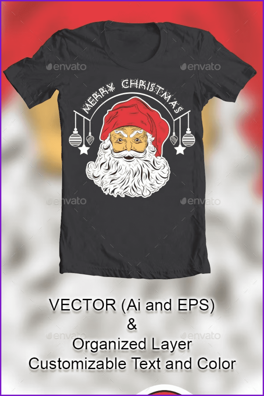 Black t-shirt with santa claus and christmas decorations.