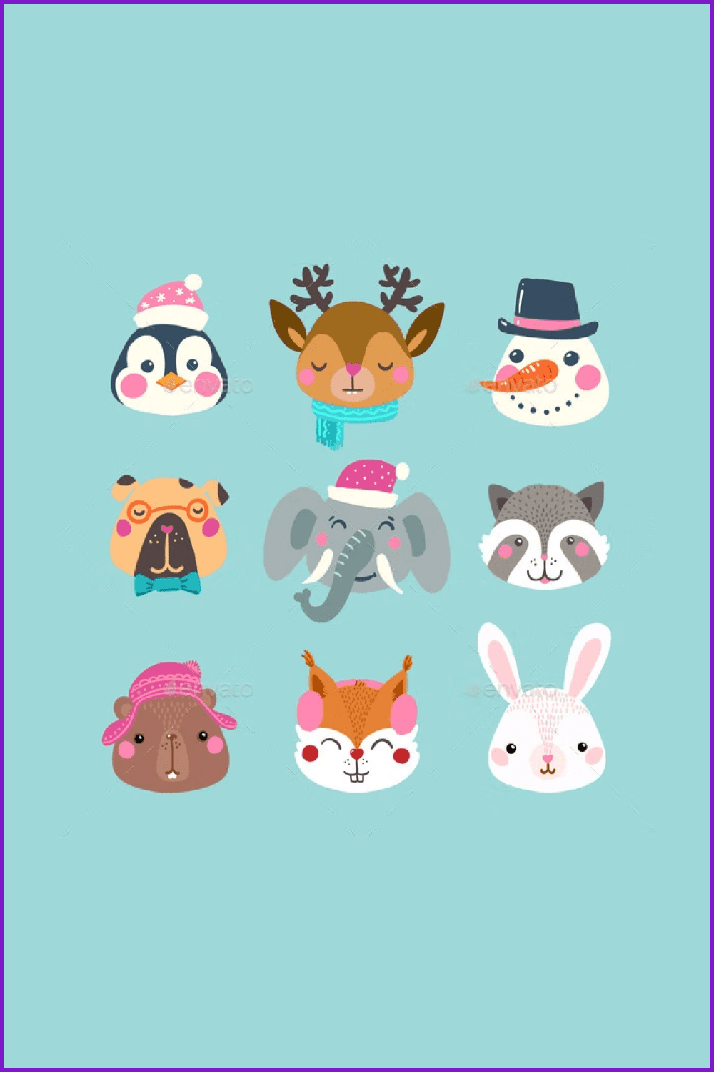 Cartoon deer, elephant, snowman, penguin, dog, raccoon, bear, fox, and rabbit.