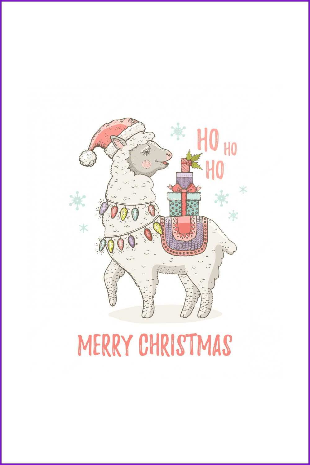 Cute alpaca with presents, a red hat, and lights.