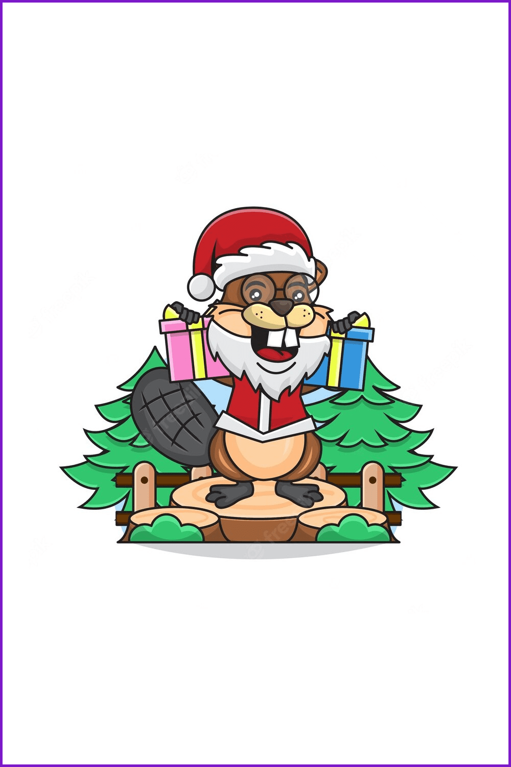 The beaver wears a Santa costume and holds presents.