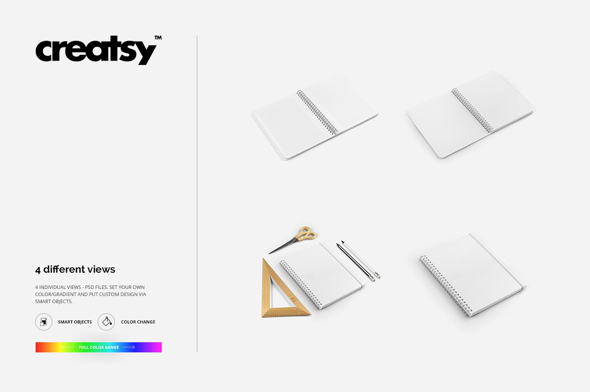 White mockup notebook and its open views, scissors, white and black pencil and triangular ruler on a white background.