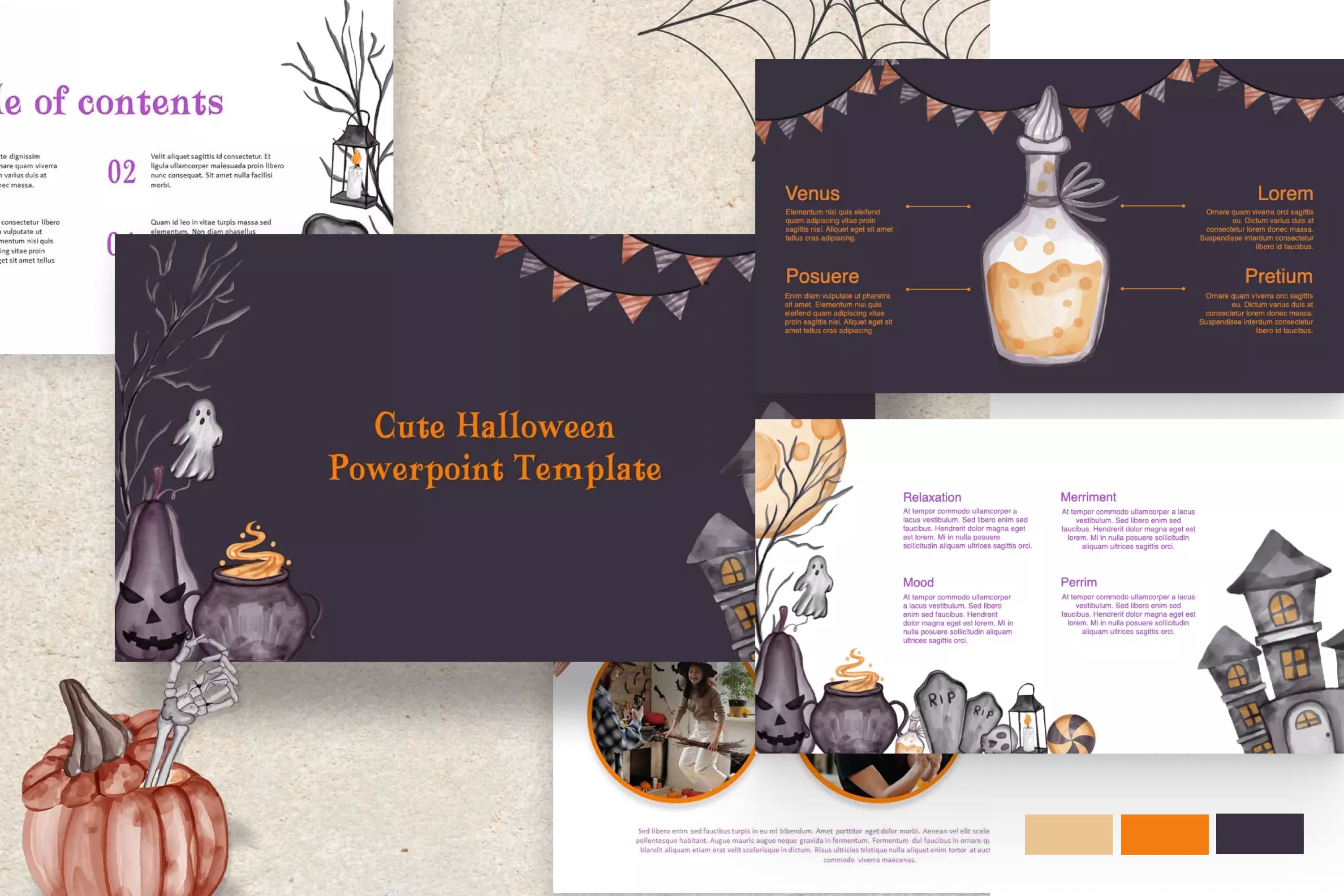 Collage of presentation pages with potion bottles, cauldrons, pumpkins, tombstones, ghosts.