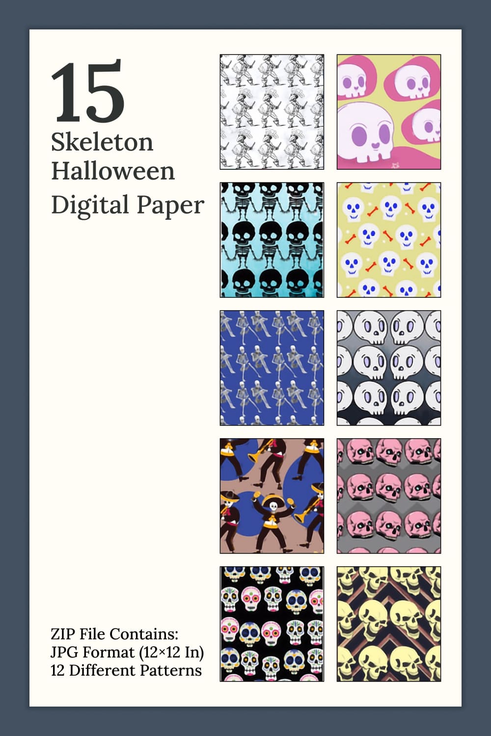 Collection of charming paper retro patterns with skeletons.
