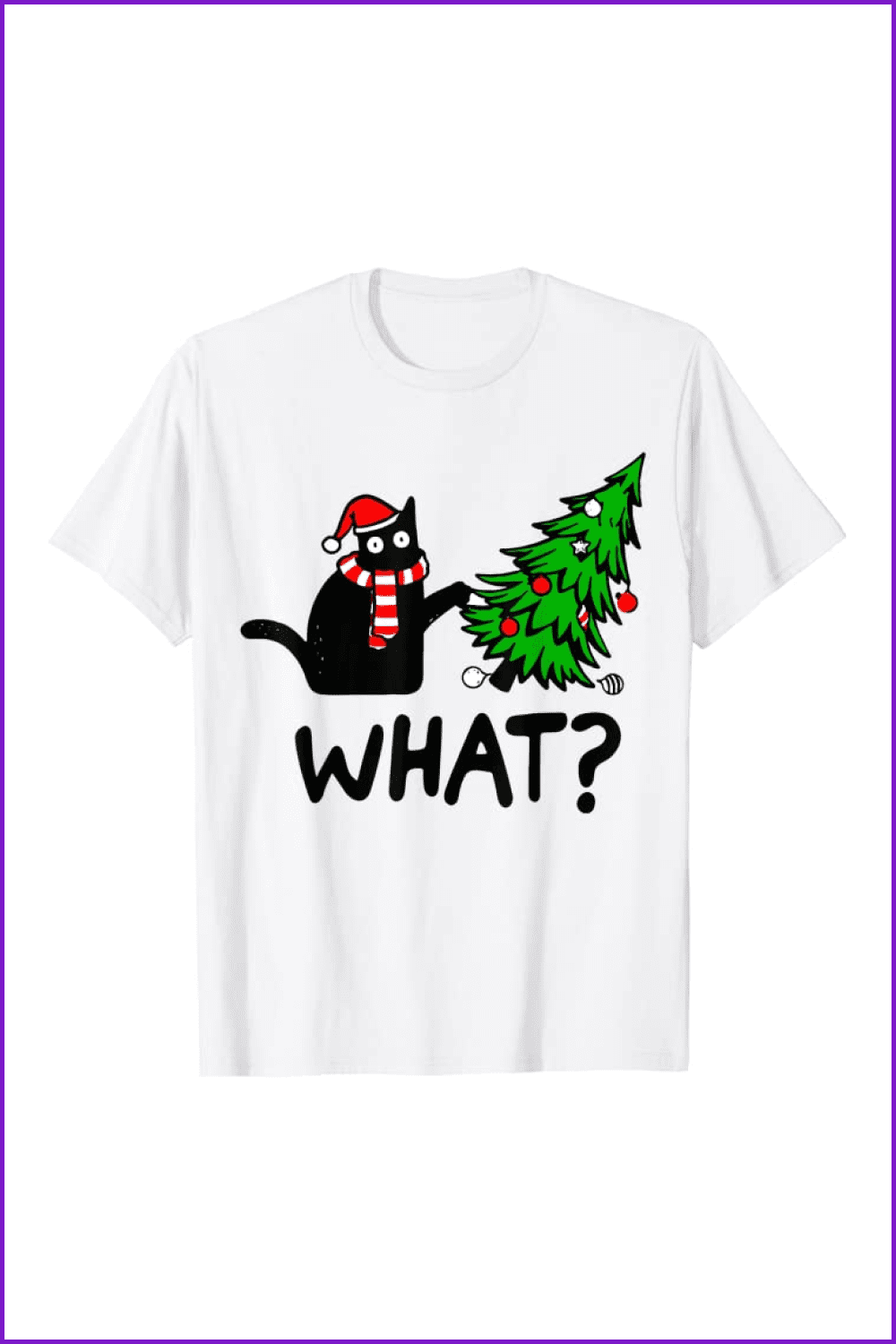 T-shirt with a black cat in a red hat is pushing the tree with lights.