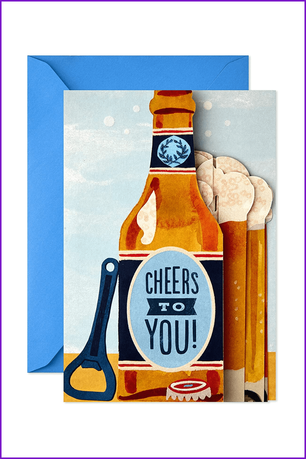 Postcard with drawn beer bottle, glasses and opener.